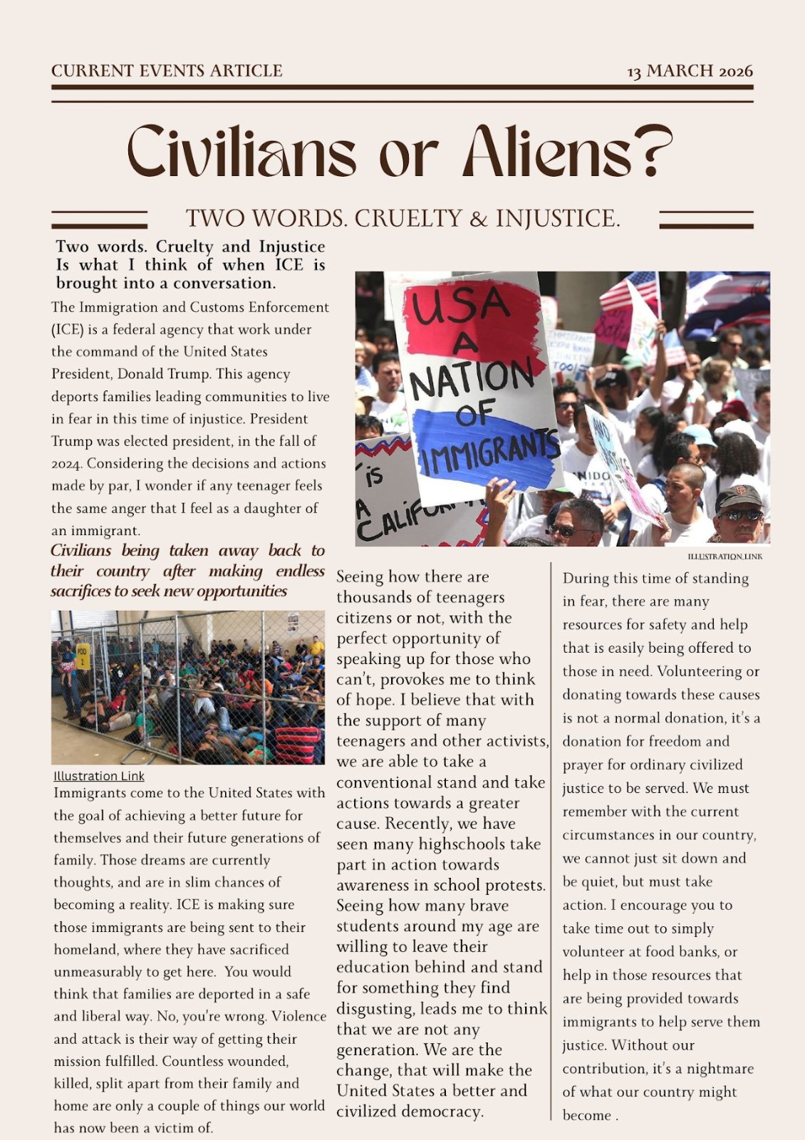 Newspaper-style article by Priya Sahota titled “Civilians or Aliens? Two words. Cruelty & Injustice.” dated 13 March 2026